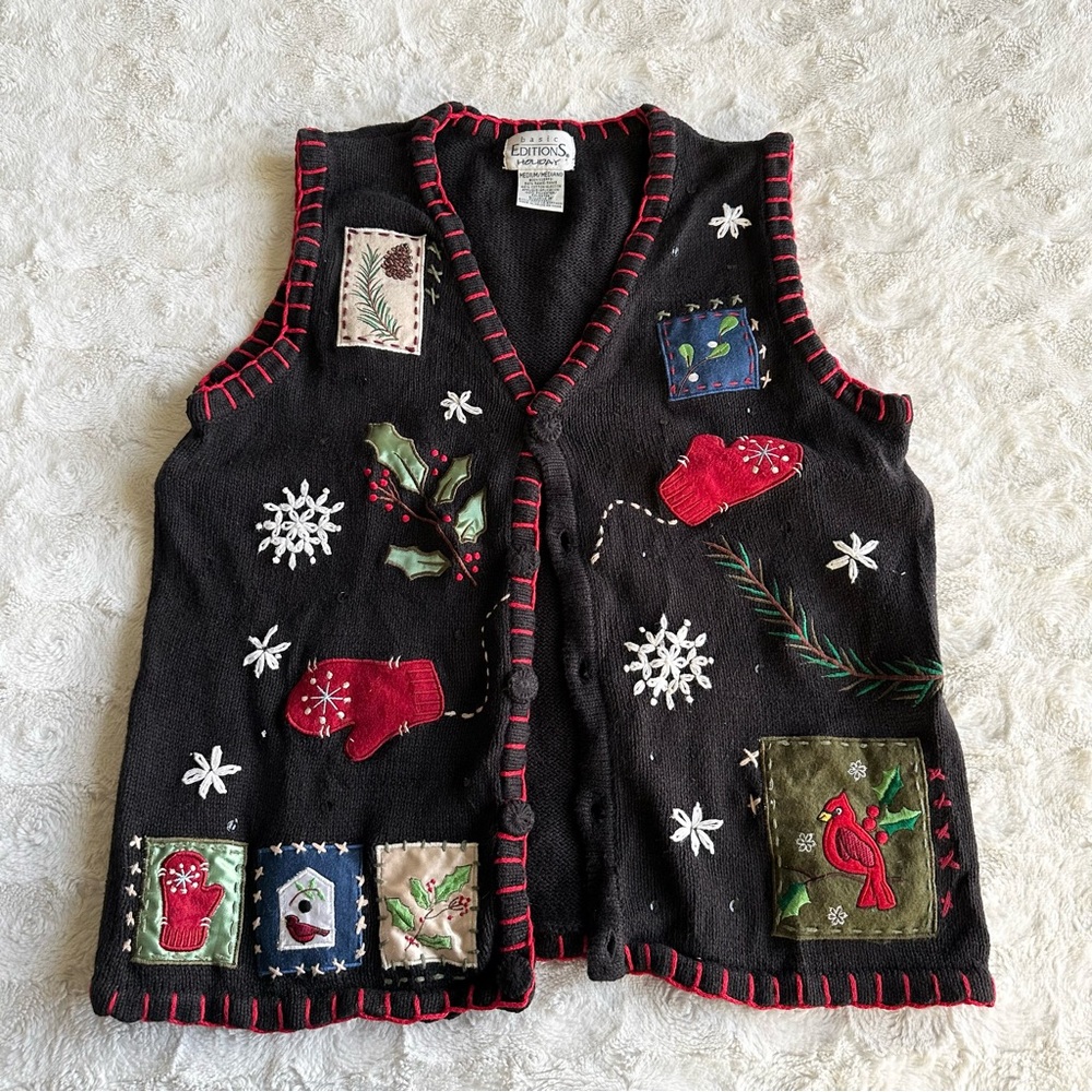 Vintage Christmas Holiday Sweater Vest Womens Medium Black Snowflake Holly Bird